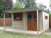 4.0m x 3.5m pent garden workshop with veranda, dark oak half glazed French doors, triple and lozenge window, from £call (inc. VAT)
